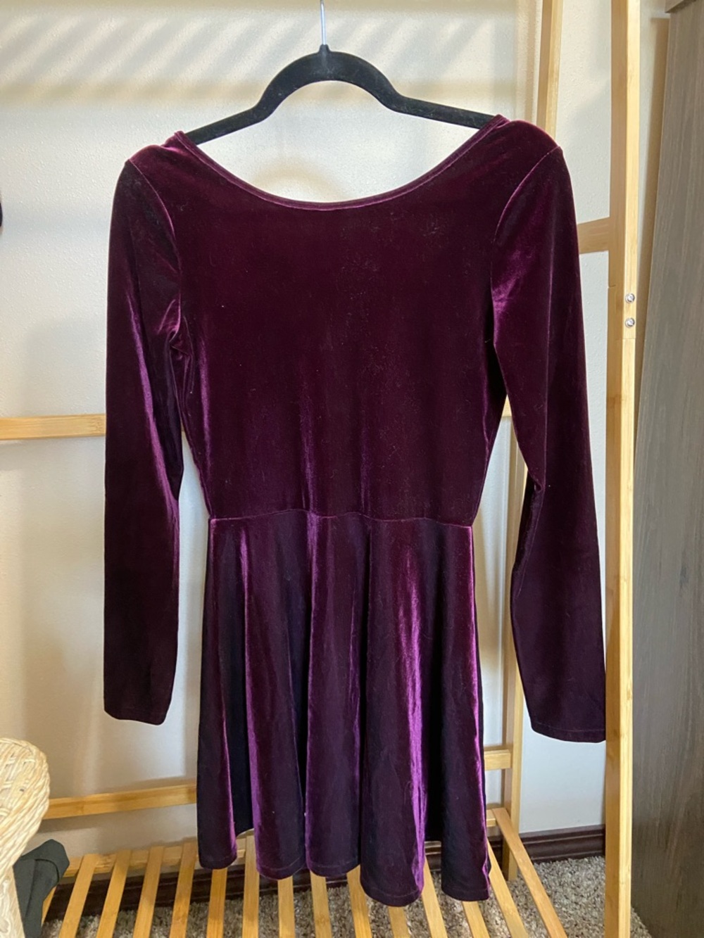 Bethany Mota Velvet Long-Sleeve Mini Dress in Deep Plum